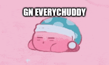 a cartoon character wearing a hat and sleeping on a pink background .