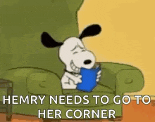 snoopy is sitting in a chair reading a book and says `` hemry needs to go to her corner '' .