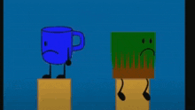 a blue cup and a green box with a sad face are standing next to each other on a podium .