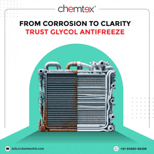 an ad for chemtex shows a rusty radiator and a clean one