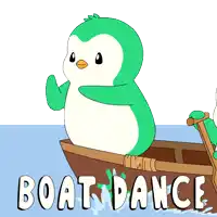 a green penguin is sitting on a boat with the words boat dance below it