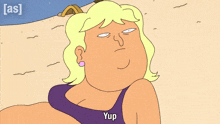 a cartoon of a woman laying on the beach with the word yup on her shirt