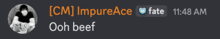 a screenshot of a discord conversation between cm impureace and fate 11:48 am