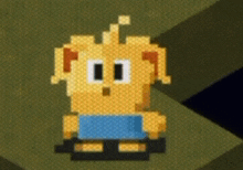 a pixel art of a cartoon character with a blue shirt on