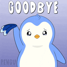 a cartoon penguin says goodbye with a sad look on its face