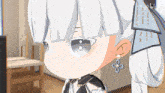 a cartoon character with white hair and earrings looks at something