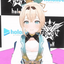 a girl with blonde hair and blue eyes is smiling in front of a hololive production sign