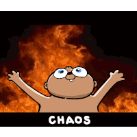 a cartoon of a man with his arms outstretched and the word chaos underneath