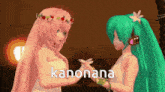 two anime girls are holding hands and the word kanonana is on the bottom right