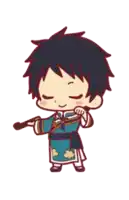 a cartoon of a boy in a blue and white outfit holding a brush