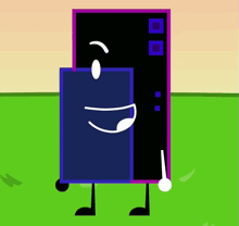 a cartoon character is standing in a field with a smile on his face and a microphone in his hand .