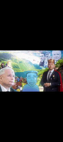 a cartoon of a man wearing a crown stands next to a man in a suit and tie