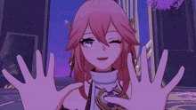a girl with pink hair and blue eyes is making a funny face