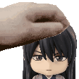 a pixel art of a person petting a chibi character 's head .