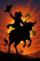 an illustration of a man riding a bull with the word tibbk on the back