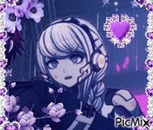 a girl with headphones is surrounded by purple flowers and a purple heart