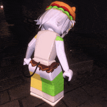 a cartoon character with a hamburger on her head is standing in a dark room