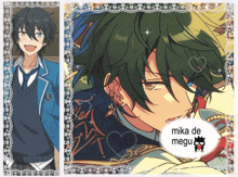 a picture of a boy with green hair and the name mika de megu on it