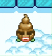 a pixel art drawing of a poop wearing sunglasses and a red nose .