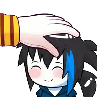 a cartoon character with blue hair is being patted on the head