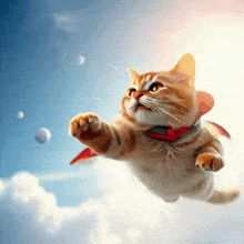 a cat wearing a red cape is flying through the sky