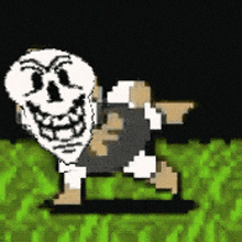 a pixel art of a skeleton standing in the grass with a black background .