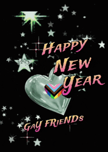 a happy new year card with a heart and stars