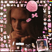 a girl with a pink ice cream scoop in her hair is surrounded by pink stickers