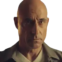 a close up of a bald man 's face with a sweater on