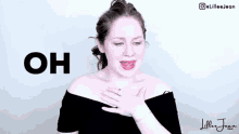 a woman with her hand on her chest and the word god above her