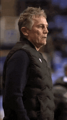 a man wearing a black vest and a blue sweater looks to the side