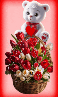 a white teddy bear is sitting on top of a basket of red tulips