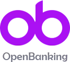 the logo for open banking is purple and white and says open banking .