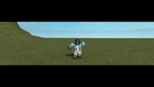 a cartoon character in a blue shirt is standing in a field