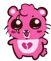 a pink teddy bear with a broken heart on his chest