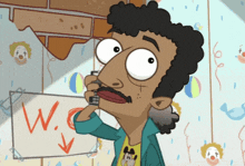 a cartoon man is talking on a cell phone in front of a sign that says w.
