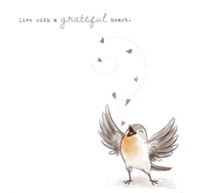 a drawing of a bird with the words " live with a grateful heart " on the bottom