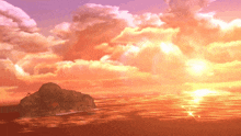 a sunset over a body of water with a small island in the middle