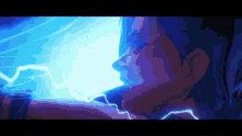 a close up of a person 's face with a blue lightning bolt behind her