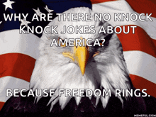 a bald eagle stands in front of an american flag with the caption " why are there no knock knock jokes about america "
