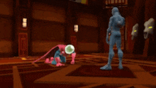 a cartoon character is kneeling down in a room with a man standing next to him .