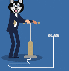 a man with a husky on his head pumps the word glab