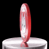 a red coin with a white cat on it that says mew