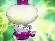 a cartoon character with a large head is standing in front of a green lightning bolt .