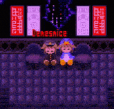 a pixel art of two girls sitting in front of a sign that says uenesnice