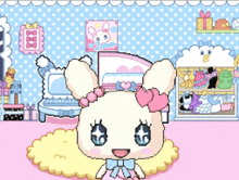 a pixel art drawing of a rabbit with hearts on her head