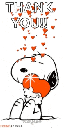 snoopy is holding a heart in his mouth and saying `` thank you ! ''