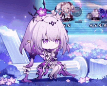 a girl with purple hair and flowers on her head is sitting on a pillar