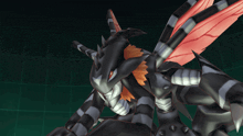 a black dragon with red wings and horns on a dark background