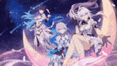 three anime girls are sitting on a crescent moon in a video game .